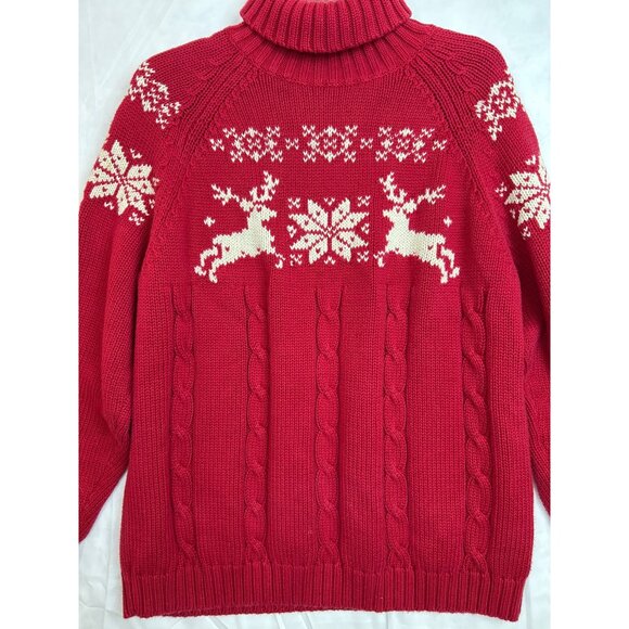 Vintage Land's End Women's Red Sweater Christmas Reindeer Snowflake Turtleneck - Picture 2 of 13
